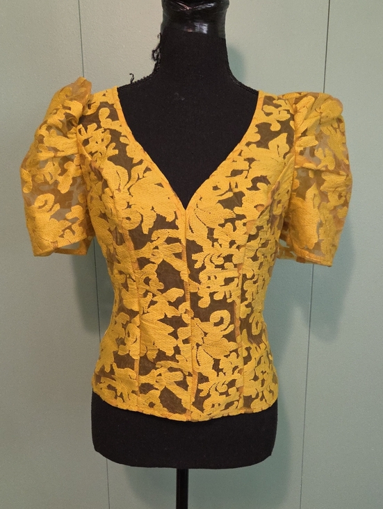 nwt peach Tops - Nwt Peach Mustard Yellow Lace Puff Sleeve V-Neck Top Sheer Size Medium